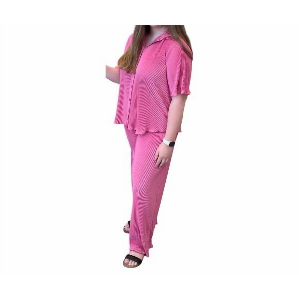 NEW SHE + SKY women's plisse button down top with pants in pink